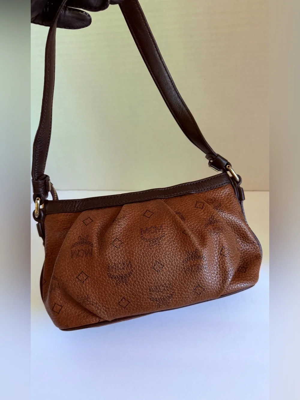 MCM Cognac Logo-Print Leather Shoulder Bag with Gold Plaque
